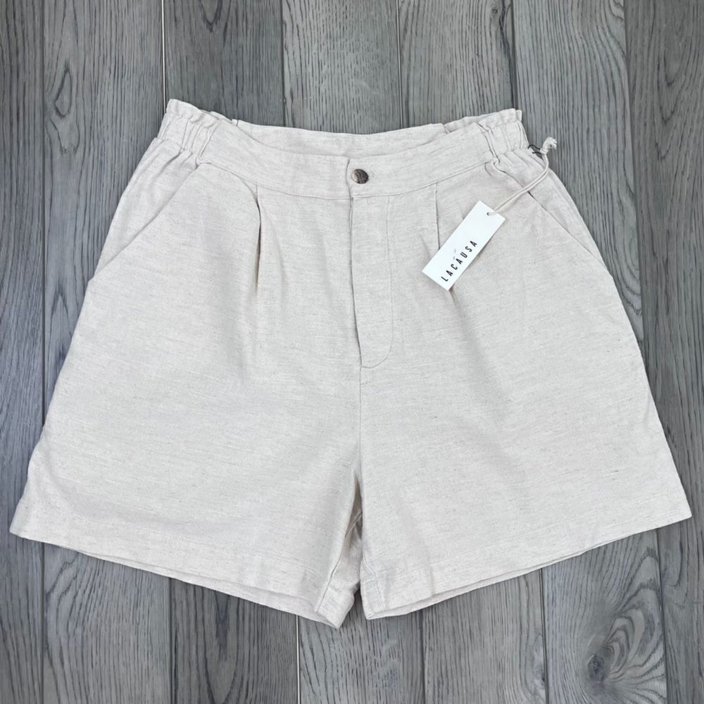 Lacausa Women Size L Beige High Rise Linen Cotton Relax Fit Bermuda NEW Shorts
